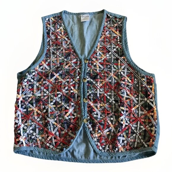 Cascade Blues Patchwork Woven Vest 90's Teachercore Crafty Unique Grannycore Med - Picture 3 of 8